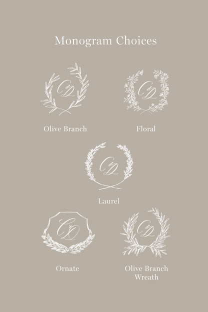 Monogram design options with olive branch, floral, laurel, and ornate wedding stationery styles