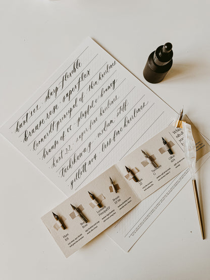 A calligraphy practice sheet, 7 nib sampler set, ink bottle, and oblique pen