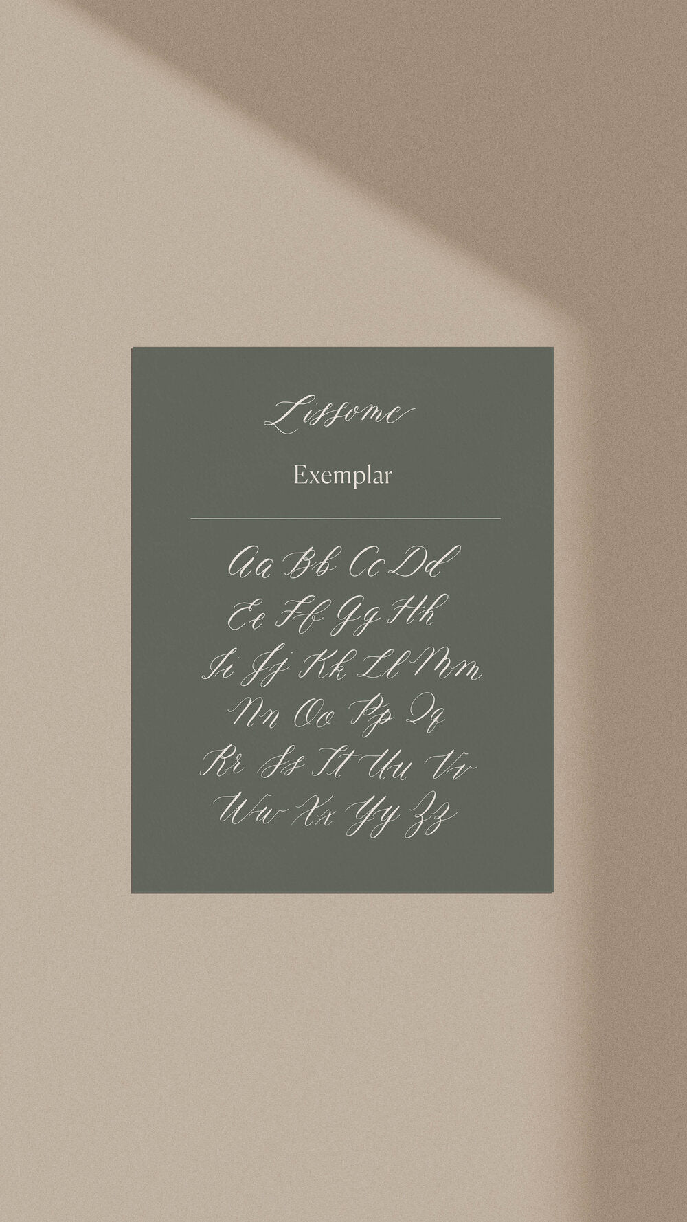 Lissome calligraphy exemplar sheet with full alphabet in elegant modern script style