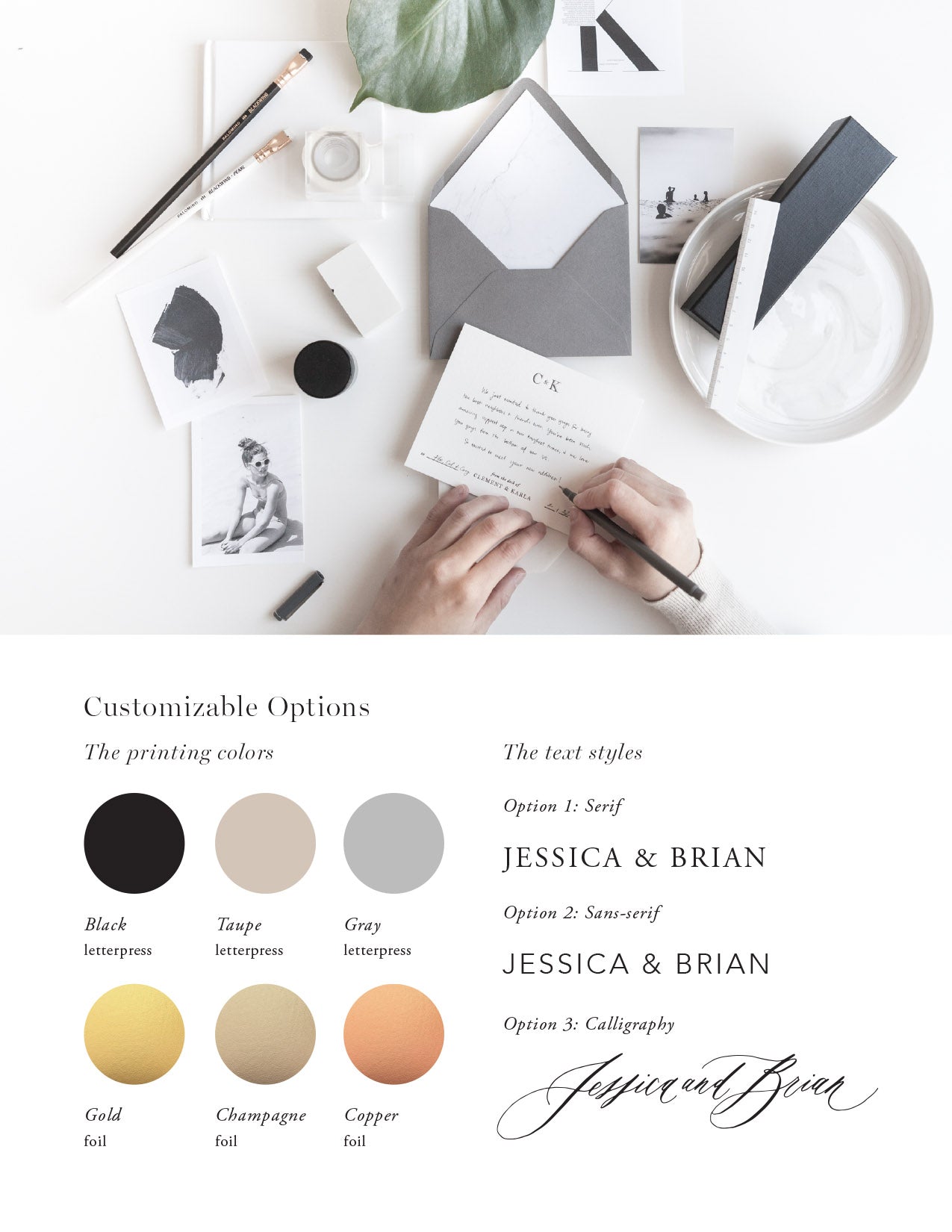 Personalized wedding stationery with letterpress printing colors and calligraphy, serif, and sans serif styles