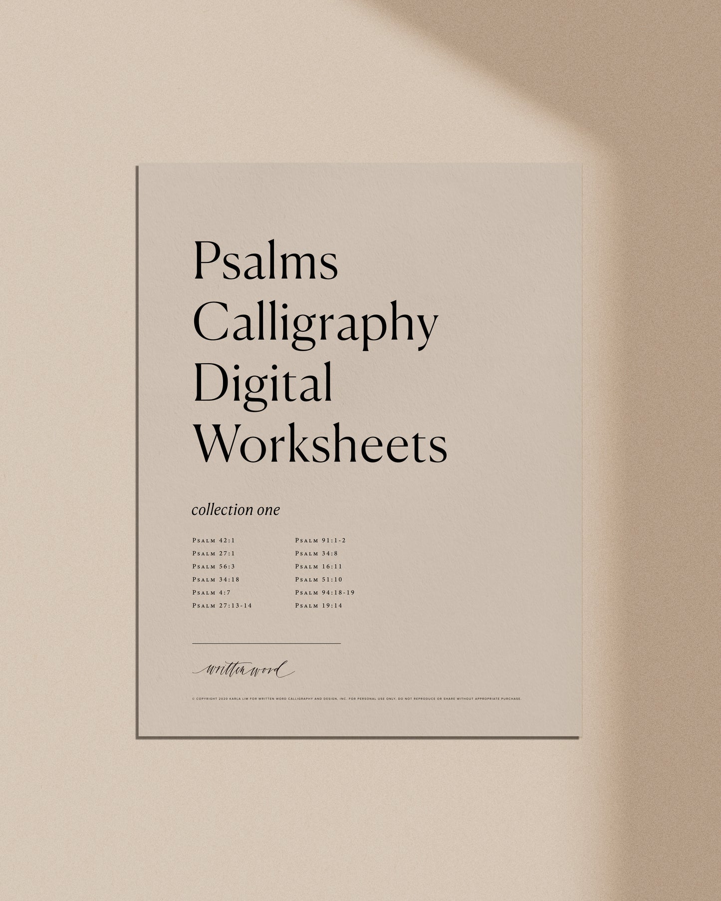 Psalms calligraphy digital worksheets cover page Christian lettering practice printable