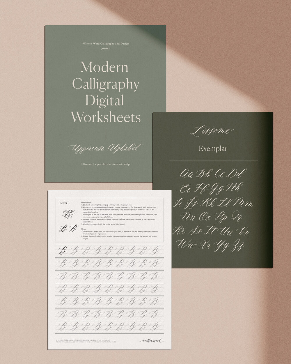 Modern calligraphy digital worksheets set with uppercase alphabet and Lissome exemplar sheet