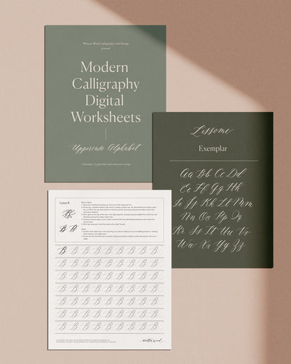 Modern calligraphy digital worksheets set with uppercase alphabet and Lissome exemplar sheet