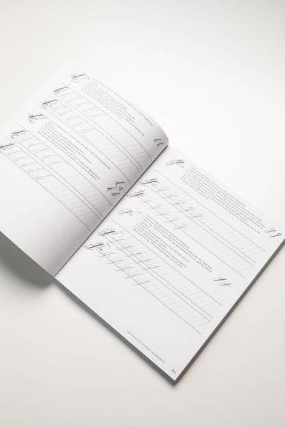 Page from the 'Creative Calligraphy Made Easy' book showing letter practice worksheets for calligraphy