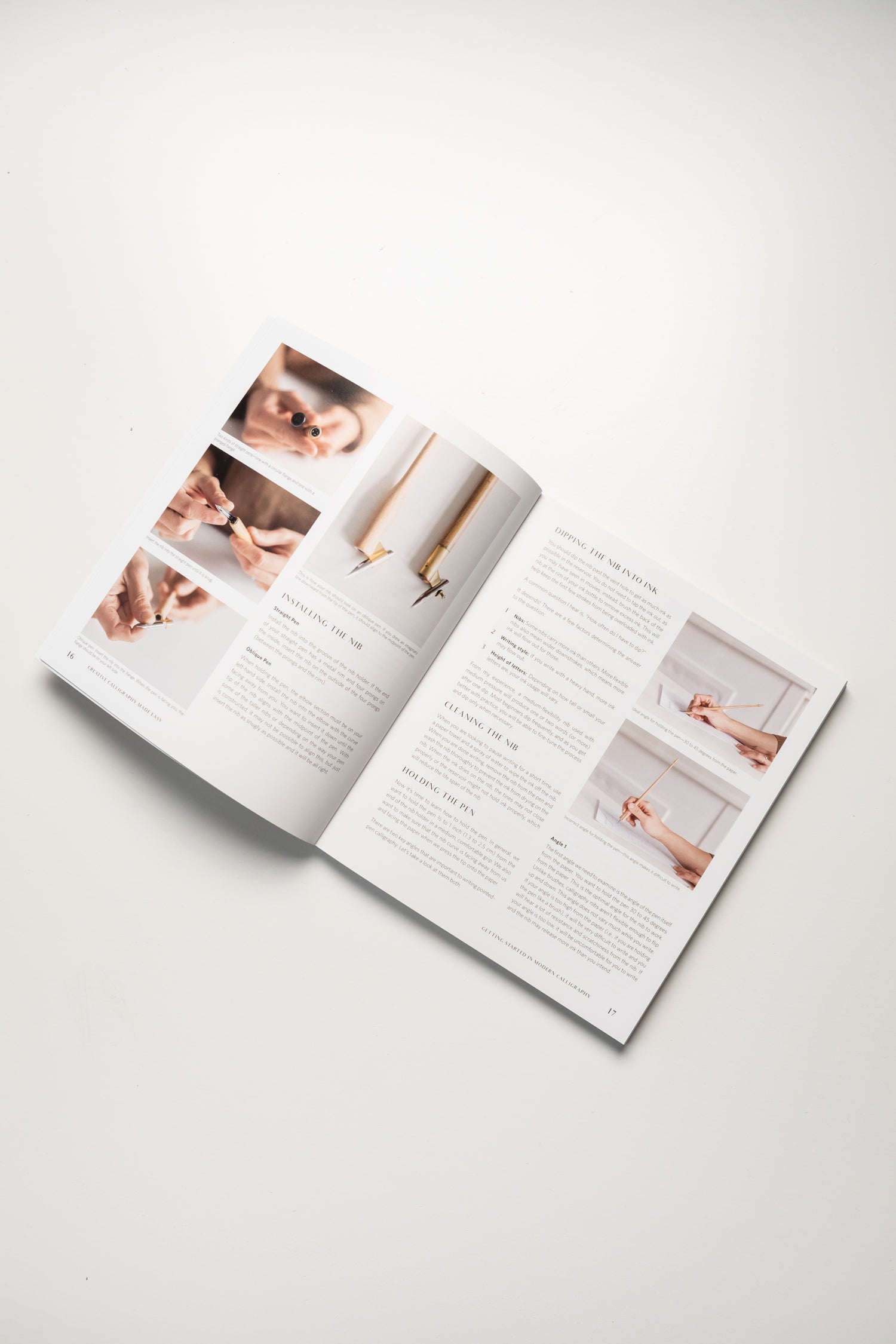 Book page showing step-by-step guide for installing nibs and holding the pen in creative calligraphy