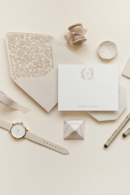 Custom stationery with floral liner envelope styled with neutral desk accessories