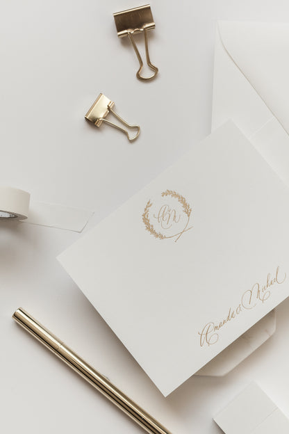 Custom wedding stationery set with gold foil monogram, envelope liner, and modern calligraphy details