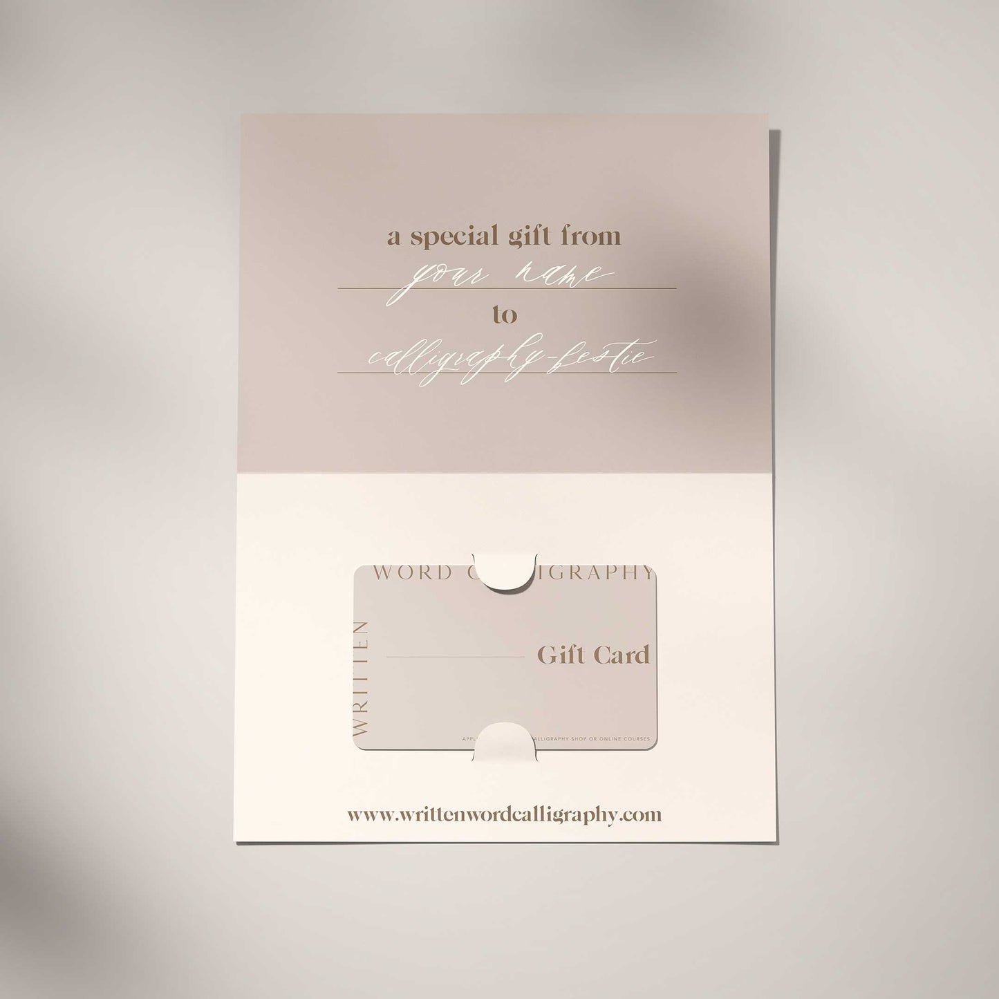 Written Word calligraphy gift card with blush and cream design and personalized message
