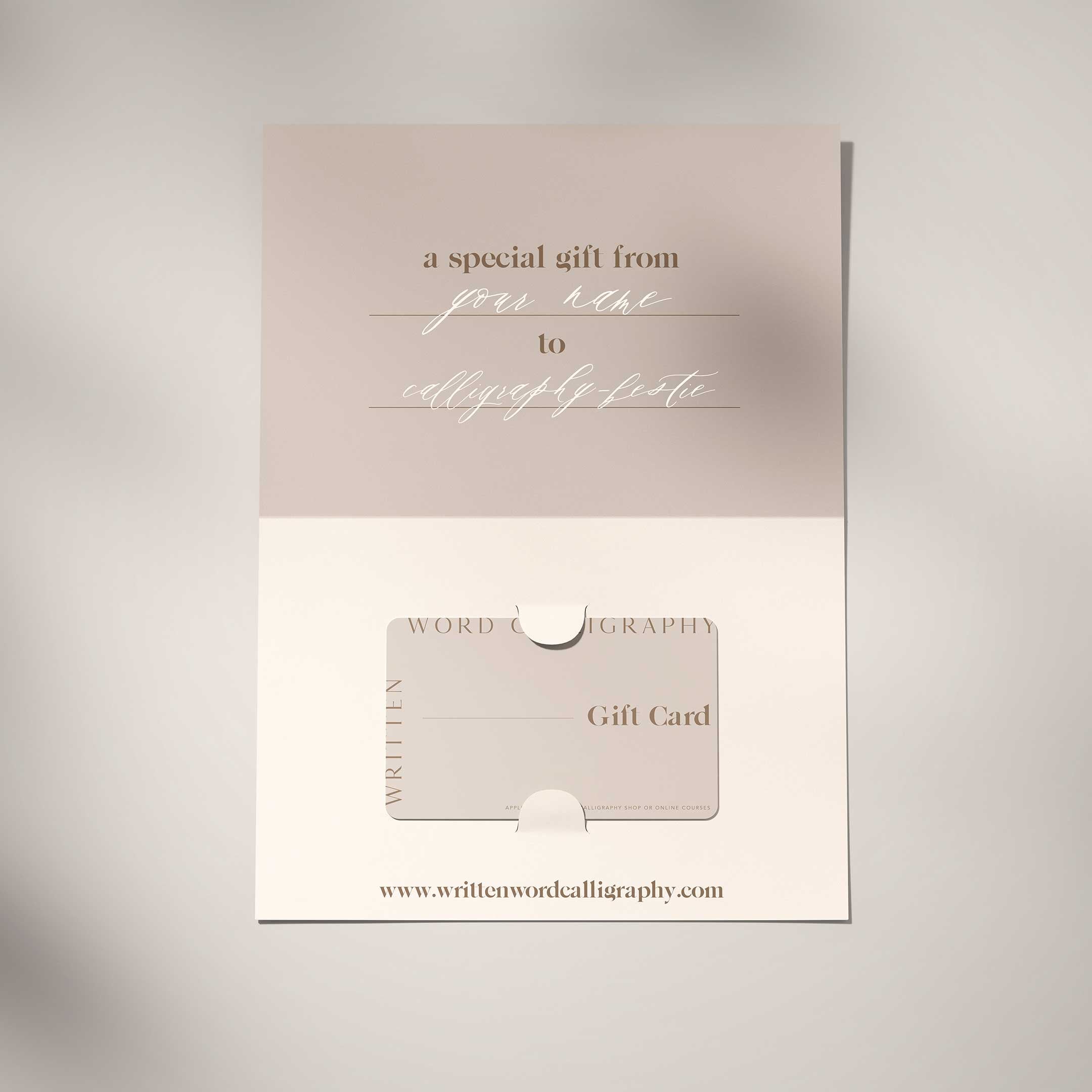 Written Word calligraphy gift card with blush and cream design and personalized message